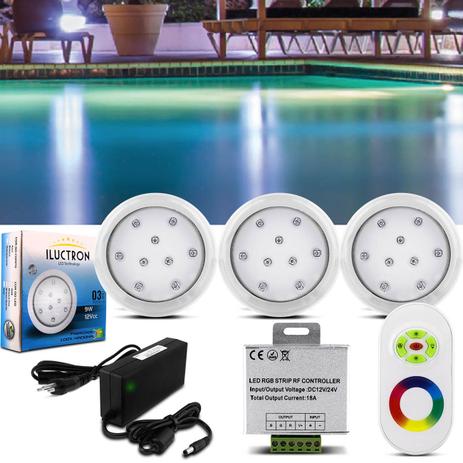 Kit 3 Luminárias Led Piscina RGB 80mm 27W 2970 Lúmens 12V Branco + Controle Wireless Efeitos e Fonte - Iluctron Menor preço em Kit 3 Luminárias Led Piscina RGB 80mm 27W 2970 Lúmens 12V Branco + Controle Wireless Efeitos e Fonte - Iluctron
