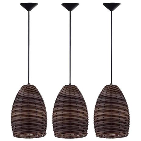 Kit 3 Lustres Pendentes Luminária Taça De Junco Marrom 17x15 - Plugador Menor preço em Kit 3 Lustres Pendentes Luminária Taça De Junco Marrom 17x15 - Plugador