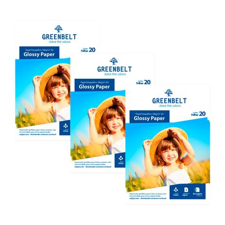 Kit 3 Pacotes de 20 folhas Papel Glossy A4 180g Greenbelt Menor preço em Kit 3 Pacotes de 20 folhas Papel Glossy A4 180g Greenbelt