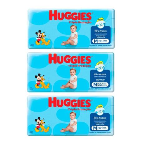 Kit 3 Pacotes Fralda Descartável Huggies Tripla Proteção M Menor preço em Kit 3 Pacotes Fralda Descartável Huggies Tripla Proteção M