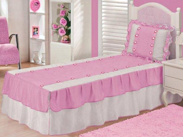 Kit 3 Peças Solteiro Colcha e Porta Travesseiro Voil Babados e Florzinhas Branco e Rosa e Refil - Rose jordão cortinas Menor preço em Kit 3 Peças Solteiro Colcha e Porta Travesseiro Voil Babados e Florzinhas Branco e Rosa e Refil - Rose jordão cortinas