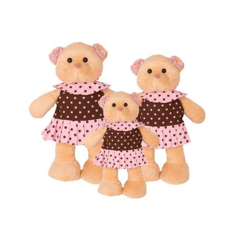 Kit 3 Peças Ursas Soft Pequena, Média e Grande em Pé Vestido Bolinhas Rosa e Marrom Laço - Mury baby Menor preço em Kit 3 Peças Ursas Soft Pequena, Média e Grande em Pé Vestido Bolinhas Rosa e Marrom Laço - Mury baby