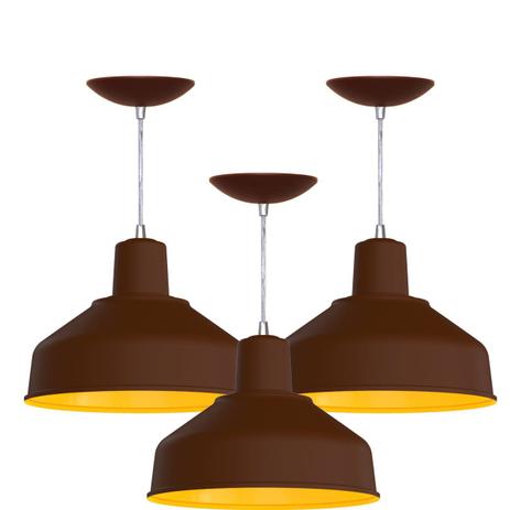 Kit 3 Pendentes Bedd 12 Retrô (Café Textura / Amarelo) - Shop da iluminação Menor preço em Kit 3 Pendentes Bedd 12 Retrô (Café Textura / Amarelo) - Shop da iluminação