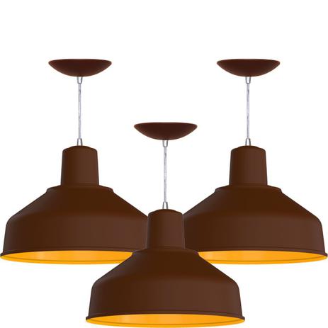 Kit 3 Pendentes Bedd 14 Retrô (Café Textura / Amarelo) - Shop da iluminação Menor preço em Kit 3 Pendentes Bedd 14 Retrô (Café Textura / Amarelo) - Shop da iluminação