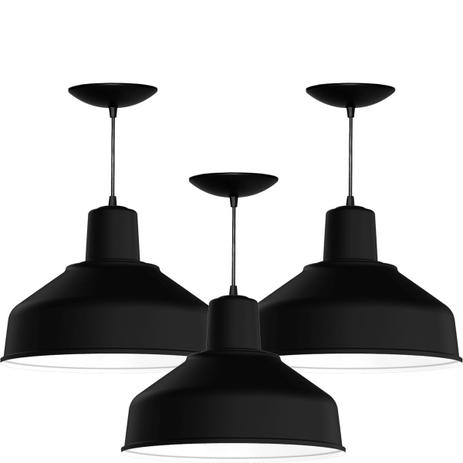 Kit 3 Pendentes Bedd 14 Retrô (Preto Textura / Branco) - Shop da iluminação Menor preço em Kit 3 Pendentes Bedd 14 Retrô (Preto Textura / Branco) - Shop da iluminação