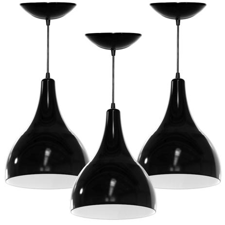 Kit 3 Pendentes Gota Grande (Preto Brilhante / Branco) - Shop da iluminação Menor preço em Kit 3 Pendentes Gota Grande (Preto Brilhante / Branco) - Shop da iluminação