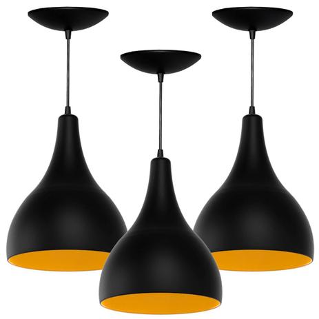 Kit 3 Pendentes Gota Grande (Preto Textura/ Amarelo) - Shop da iluminação é boa?