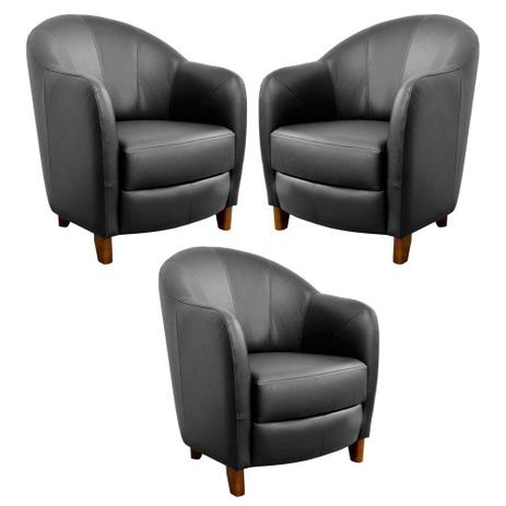 Kit 3 Poltronas Decorativas Sala de Estar Pés Madeira Kairós Couro Preto - Gran Belo Menor preço em Kit 3 Poltronas Decorativas Sala de Estar Pés Madeira Kairós Couro Preto - Gran Belo
