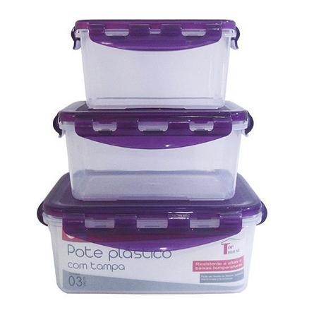 Kit 3 potes de plástico transparente retangular tampas com 4 traves super vedado - TOP RIO Menor preço em Kit 3 potes de plástico transparente retangular tampas com 4 traves super vedado - TOP RIO
