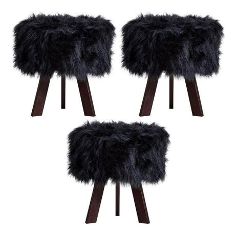 Menor preço em Kit 3 Puffs Olivia Pés Castanho Pelo Sintético Preto - Tecno Mobili