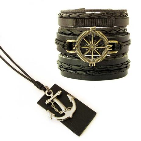 Kit 3 Pulseiras Couro Masculina Rosa dos Ventos + Colar Âncora Preta - Youser acessórios Menor preço em Kit 3 Pulseiras Couro Masculina Rosa dos Ventos + Colar Âncora Preta - Youser acessórios
