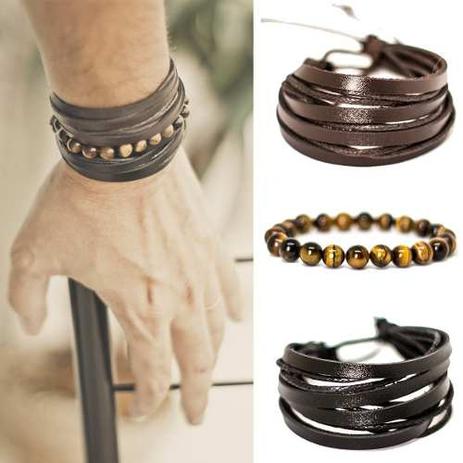 Kit 3 Pulseiras Masculinas Couro Pedras Olho De Tigre - Colleshop Menor preço em Kit 3 Pulseiras Masculinas Couro Pedras Olho De Tigre - Colleshop
