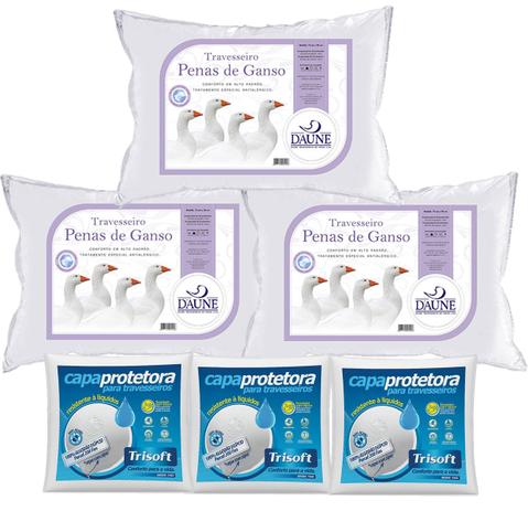 Kit 3 Travesseiros 100 Penas de Ganso 50x70cm Daune com 3 Capas Protetoras - Daune trisoft Menor preço em Kit 3 Travesseiros 100 Penas de Ganso 50x70cm Daune com 3 Capas Protetoras - Daune trisoft