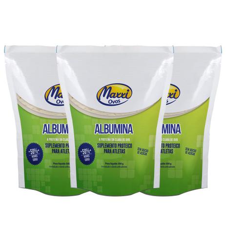 Kit 3 Un Albumina 500g Morango MAXXI OVOS Menor preço em Kit 3 Un Albumina 500g Morango MAXXI OVOS