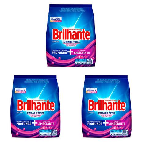 Kit 3 Und Detergente Brilhante Pó Cuidado Total 400g Menor preço em Kit 3 Und Detergente Brilhante Pó Cuidado Total 400g