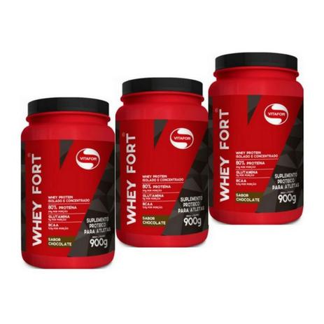 Kit 3 whey fort vitafor chocolate 900g Menor preço em Kit 3 whey fort vitafor chocolate 900g