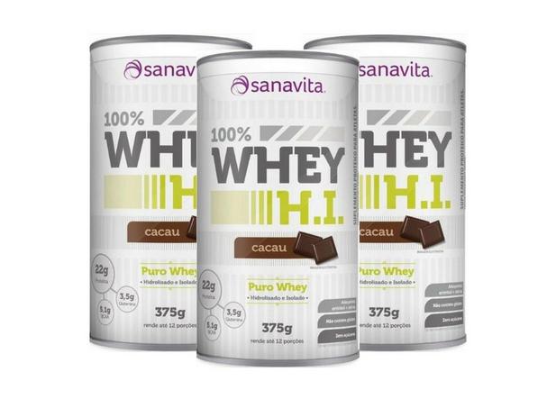 Kit 3 whey protein 100 h.i sanavita cacau 375g Menor preço em Kit 3 whey protein 100 h.i sanavita cacau 375g