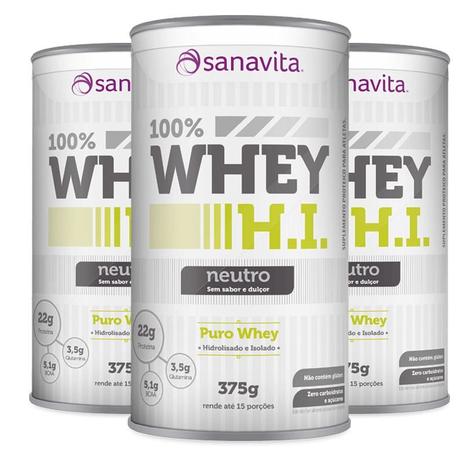 Kit 3 Whey protein 100 H.I Sanavita Neutro 375g Menor preço em Kit 3 Whey protein 100 H.I Sanavita Neutro 375g