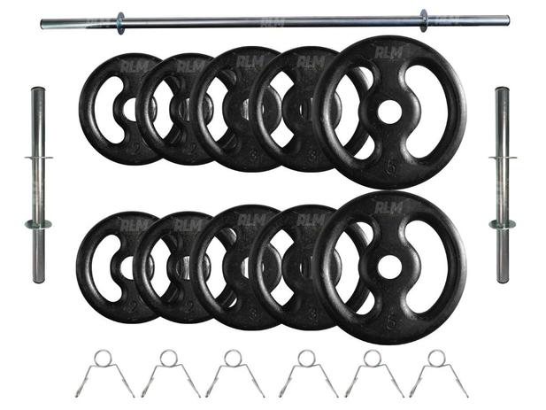 Kit 30 Kg de Anilhas Ferro Fundido + Barras de Supino e Halteres - Rlm store Menor preço em Kit 30 Kg de Anilhas Ferro Fundido + Barras de Supino e Halteres - Rlm store