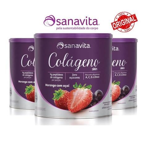 Kit 3un Colágeno Skin - Sanavita - Morango com Açaí - 300g Menor preço em Kit 3un Colágeno Skin - Sanavita - Morango com Açaí - 300g