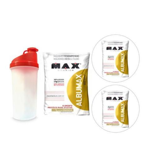 Kit 3X Albumax 500g Chocolate + Coqueteleira- Max Titanium Menor preço em Kit 3X Albumax 500g Chocolate + Coqueteleira- Max Titanium