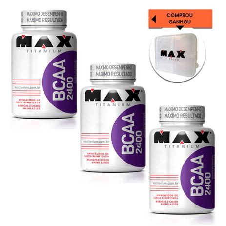 Kit 3x Bcaa 2400 100 Cápsulas + Pota Cápsulas - Max Titanium Menor preço em Kit 3x Bcaa 2400 100 Cápsulas + Pota Cápsulas - Max Titanium