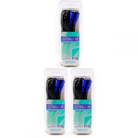 Kit 3x / Cabo Vga Para Monitor Com Filtro 5 Metros Exbom Menor preço em Kit 3x / Cabo Vga Para Monitor Com Filtro 5 Metros Exbom
