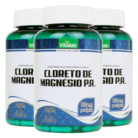 Kit 3x Cloreto de Magnésio P.A. (500mg) 120 Cápsulas - Vitalab Menor preço em Kit 3x Cloreto de Magnésio P.A. (500mg) 120 Cápsulas - Vitalab