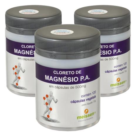 Kit 3x Cloreto de Magnésio PA Puro (500mg) de 120 Cápsulas Vegetarianas - Meissen Menor preço em Kit 3x Cloreto de Magnésio PA Puro (500mg) de 120 Cápsulas Vegetarianas - Meissen