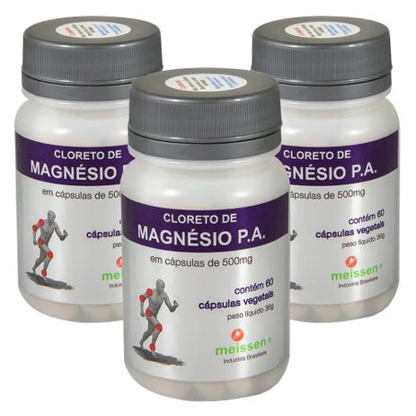 Kit 3x Cloreto de Magnésio PA Puro (500mg) de 60 Cápsulas Vegetarianas - Meissen Menor preço em Kit 3x Cloreto de Magnésio PA Puro (500mg) de 60 Cápsulas Vegetarianas - Meissen