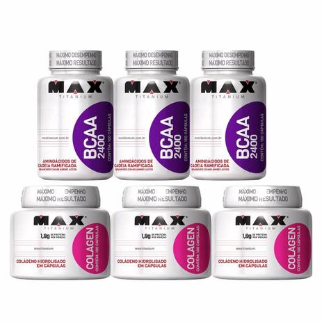 Kit 3x Colágeno Hidrolisado + 3x Bcaa 2400mg - Max Titanium Menor preço em Kit 3x Colágeno Hidrolisado + 3x Bcaa 2400mg - Max Titanium