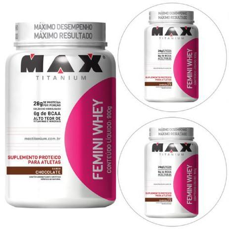 Kit 3x Femini Whey 900g Chocolate - Max Titanium Menor preço em Kit 3x Femini Whey 900g Chocolate - Max Titanium