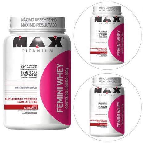 Kit 3x Femini Whey 900g Morango - Max Titanium Menor preço em Kit 3x Femini Whey 900g Morango - Max Titanium