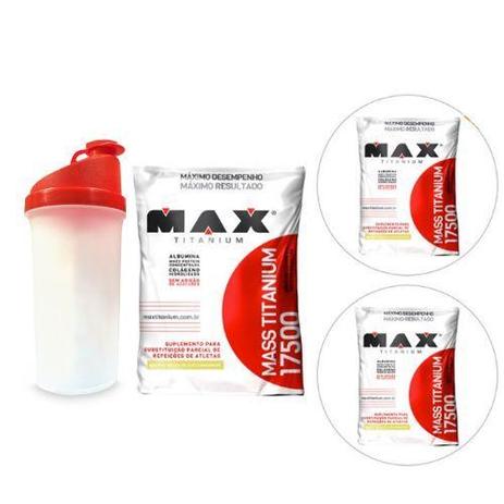 Kit 3X Mass 17500 3 Kg Refil Morango + Coqueteleira - Max Titanium Menor preço em Kit 3X Mass 17500 3 Kg Refil Morango + Coqueteleira - Max Titanium