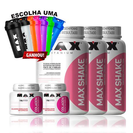 Kit 3x Max Shake 400g + 2x Colageno 100caps + Coqueteleira - Max titanium Menor preço em Kit 3x Max Shake 400g + 2x Colageno 100caps + Coqueteleira - Max titanium