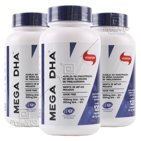 Kit 3x Mega DHA - Ômega 3 de Alta Concentração DHA (1000mg) 120 Cápsulas - Vitafor Menor preço em Kit 3x Mega DHA - Ômega 3 de Alta Concentração DHA (1000mg) 120 Cápsulas - Vitafor
