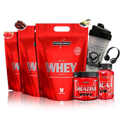 Kit 3x Nutri Whey 907g + Amino Bcaa + Creatina + Coq + Fone - Integralmedica Menor preço em Kit 3x Nutri Whey 907g + Amino Bcaa + Creatina + Coq + Fone - Integralmedica