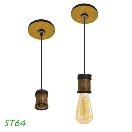 KIT 3X Pendente Madeira Soquete VINTAGE + Filamento Carbono St64 220V E27 LAÉ St396 - Starlumen Menor preço em KIT 3X Pendente Madeira Soquete VINTAGE + Filamento Carbono St64 220V E27 LAÉ St396 - Starlumen