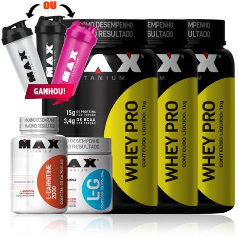 Kit 3x Whey Pro Glutamina 300g L Carnetine 2000 Max Titanium Menor preço em Kit 3x Whey Pro Glutamina 300g L Carnetine 2000 Max Titanium