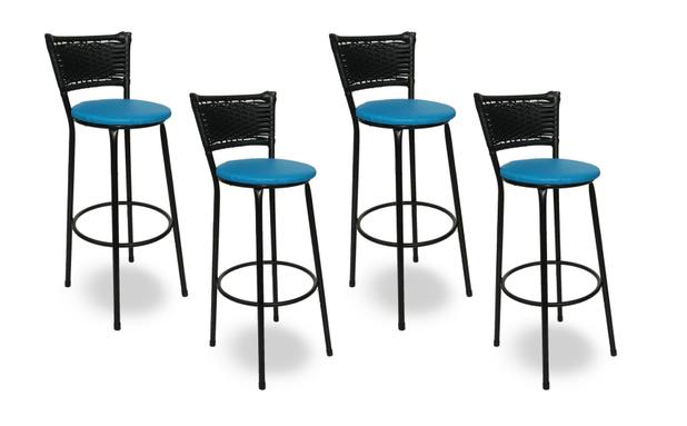 Kit 4 Banquetas Bistrô Hawaii Rattan Junco Preto Epóxi e Assento Azul - Decore fácil shop Menor preço em Kit 4 Banquetas Bistrô Hawaii Rattan Junco Preto Epóxi e Assento Azul - Decore fácil shop