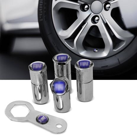 Kit 4 Bicos Anti Furto Cromados + Chave Aperto Bico Válvula Roda Fabricado em Aço Logo Fiat Azul - Emblemax Menor preço em Kit 4 Bicos Anti Furto Cromados + Chave Aperto Bico Válvula Roda Fabricado em Aço Logo Fiat Azul - Emblemax