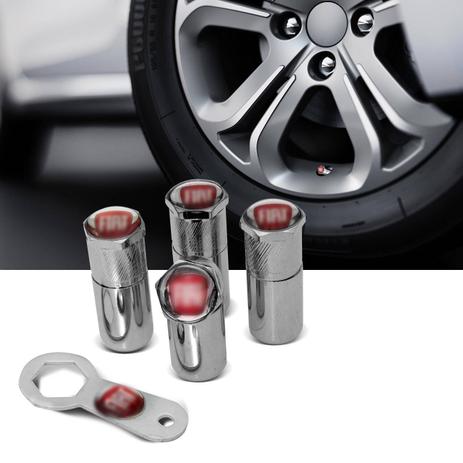 Kit 4 Bicos Anti Furto Cromados + Chave Aperto Bico Válvula Roda Fabricado em Aço Logo Fiat Vermelho - Emblemax Menor preço em Kit 4 Bicos Anti Furto Cromados + Chave Aperto Bico Válvula Roda Fabricado em Aço Logo Fiat Vermelho - Emblemax