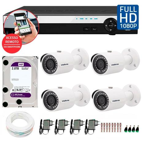 Kit 4 Câmeras de Segurança Full HD 1080p Intelbras VHD 3230 + DVR Intelbras Full HD 4 Ch + HD WD Purple 2TB + Acessórios Menor preço em Kit 4 Câmeras de Segurança Full HD 1080p Intelbras VHD 3230 + DVR Intelbras Full HD 4 Ch + HD WD Purple 2TB + Acessórios