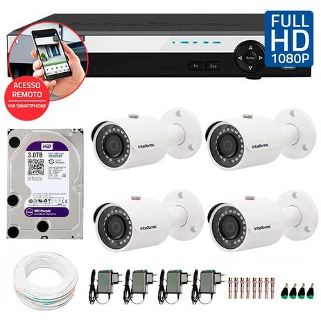 Kit 4 Câmeras de Segurança Full HD 1080p Intelbras VHD 3230 + DVR Intelbras Full HD 4 Ch + HD WD Purple 3TB + Acessórios Menor preço em Kit 4 Câmeras de Segurança Full HD 1080p Intelbras VHD 3230 + DVR Intelbras Full HD 4 Ch + HD WD Purple 3TB + Acessórios