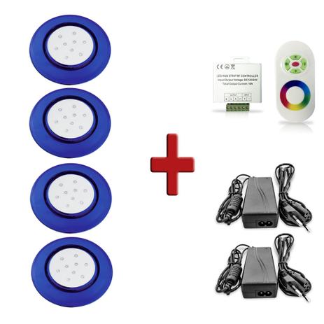 Kit 4 Luminárias de Piscina 9w 125mm Led RGB Colorido Corpo Azul + Controle + Fonte - Iluctron Menor preço em Kit 4 Luminárias de Piscina 9w 125mm Led RGB Colorido Corpo Azul + Controle + Fonte - Iluctron