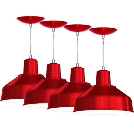 Kit 4 Pendentes Bedd 12 Retrô (Vermelho Metálico / Branco) - Shop da iluminação Menor preço em Kit 4 Pendentes Bedd 12 Retrô (Vermelho Metálico / Branco) - Shop da iluminação