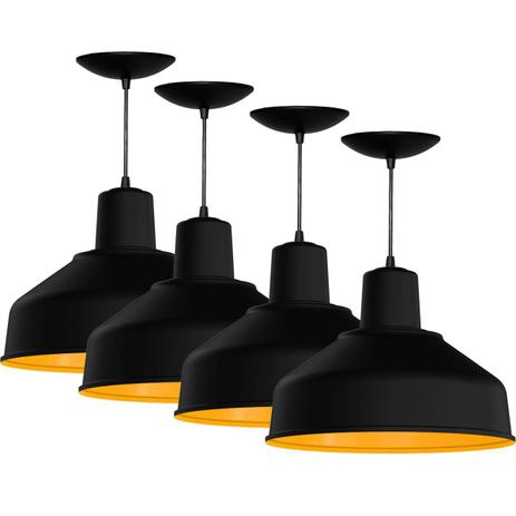 Kit 4 Pendentes Bedd 14 Retrô (Preto Textura / Amarelo) - Shop da iluminação Menor preço em Kit 4 Pendentes Bedd 14 Retrô (Preto Textura / Amarelo) - Shop da iluminação