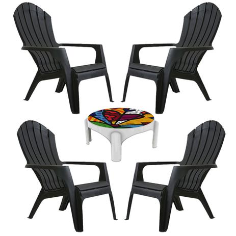 Kit 4 Poltronas Miami Preto Pavão Com 1 Mesa Romero Britto - Gardenlife Menor preço em Kit 4 Poltronas Miami Preto Pavão Com 1 Mesa Romero Britto - Gardenlife