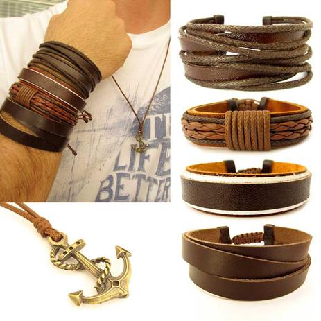 Kit 4 Pulseiras de Couro Masculinas + Colar Âncora - Youser acessórios Menor preço em Kit 4 Pulseiras de Couro Masculinas + Colar Âncora - Youser acessórios