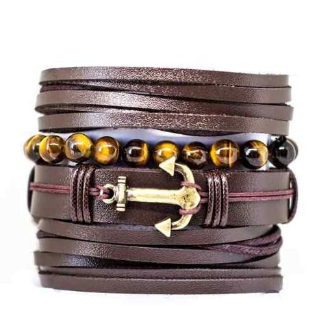 Kit 4 Pulseiras Masculinas Couro Marrom Âncora Olho De Tigre - Colleshop Menor preço em Kit 4 Pulseiras Masculinas Couro Marrom Âncora Olho De Tigre - Colleshop